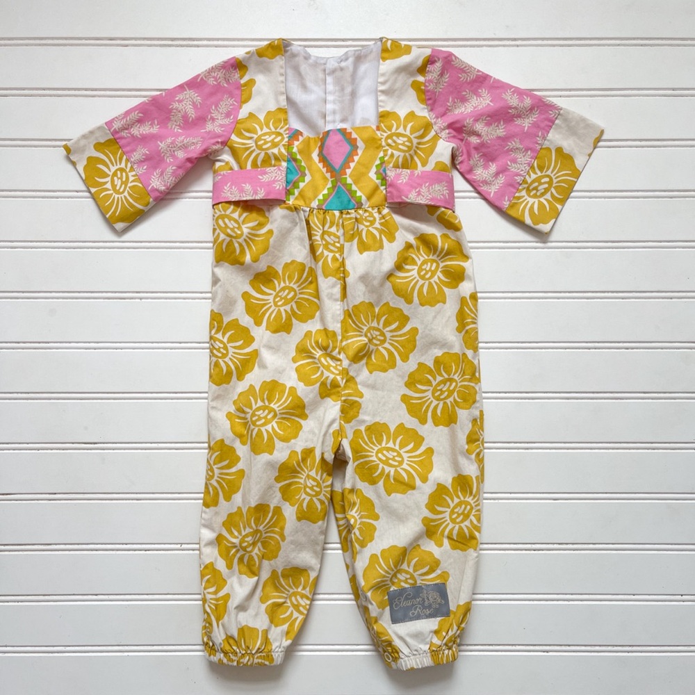 ELEANOR ROSE EUC Mustard Yellow Whimsical Floral Block Print Kimono Style Romper